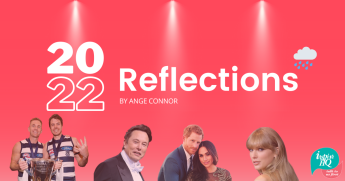 Images of Joel Selwood and Isaac Smith with AFL premiership cup, Elon Musk, Harry and Meghan, Taylor Swift. Text reads: 2022 Reflections By Ange Connor